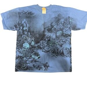 Vintage Habitat All Over Print Coral Reef Fish T-Shirt 90s Mens XL Blue Nature